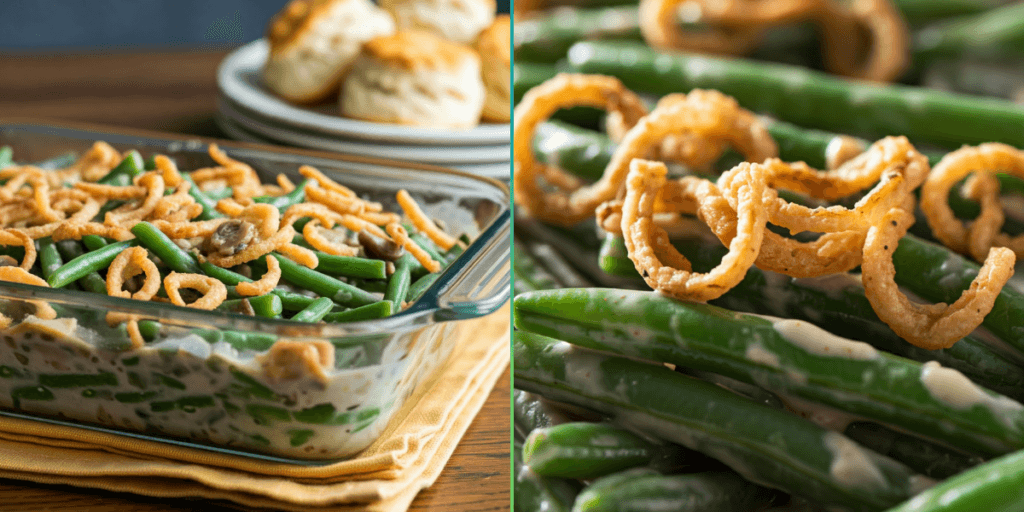Baking dish with green beans and mushroom sauce evenly combined.